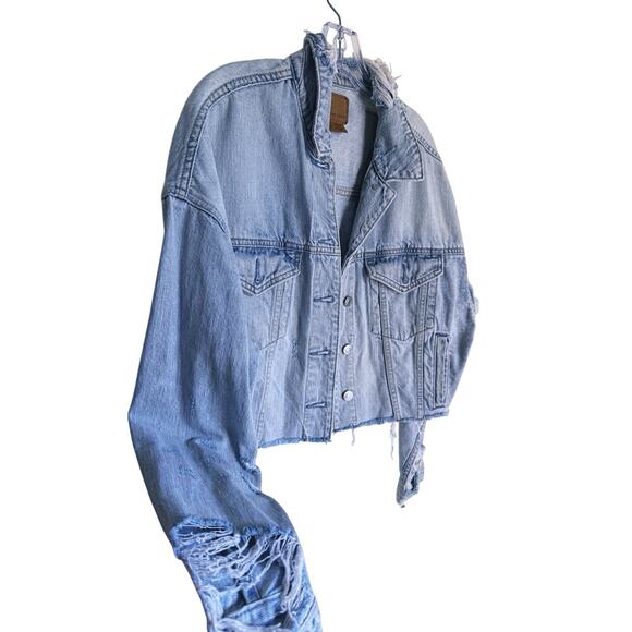 American Eagle Cropped Denim Boyfriend Jacket Raw Hem Distressed Small Y2K Fall - Picture 4 of 6